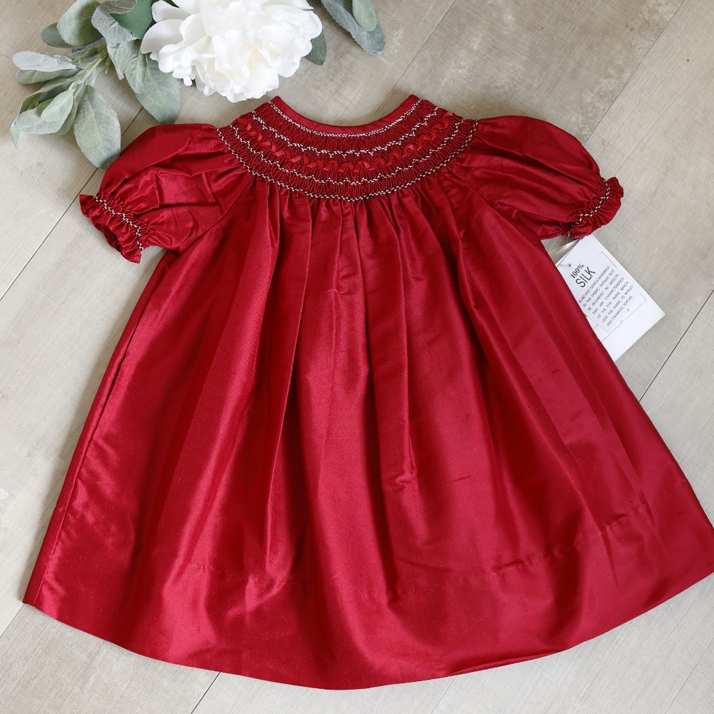 Strasburg Dress Red Silk Smocked Bishop Ribbon Special Occasion RARE NWT